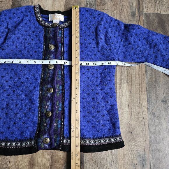 Women Vintage Tally Ho Blue Black 100% Wool Cardigan Sweater Nordic Tag Size M - Picture 7 of 7
